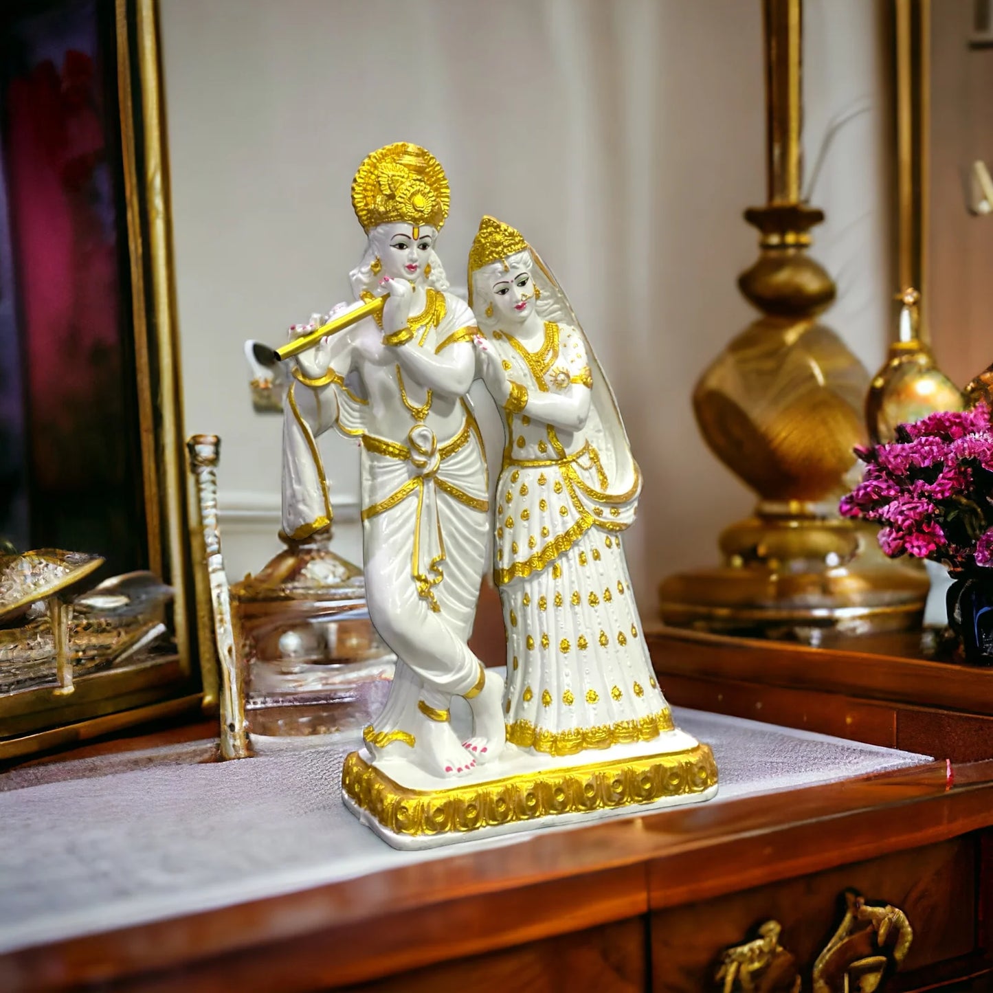 Elegant Radha Krishna Idol in White & Golden Finish – Symbol of Love, Harmony & Positivity