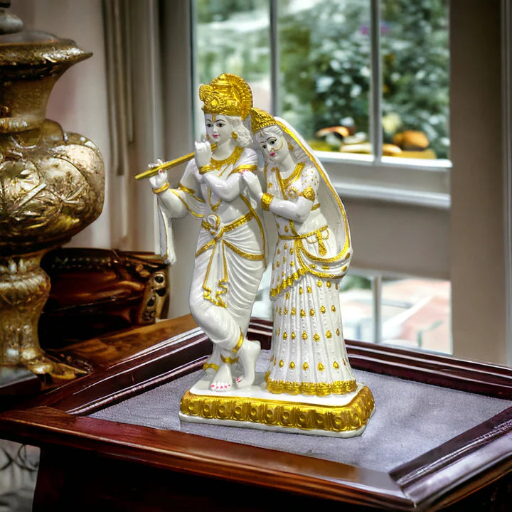 Elegant Radha Krishna Idol in White & Golden Finish – Symbol of Love, Harmony & Positivity