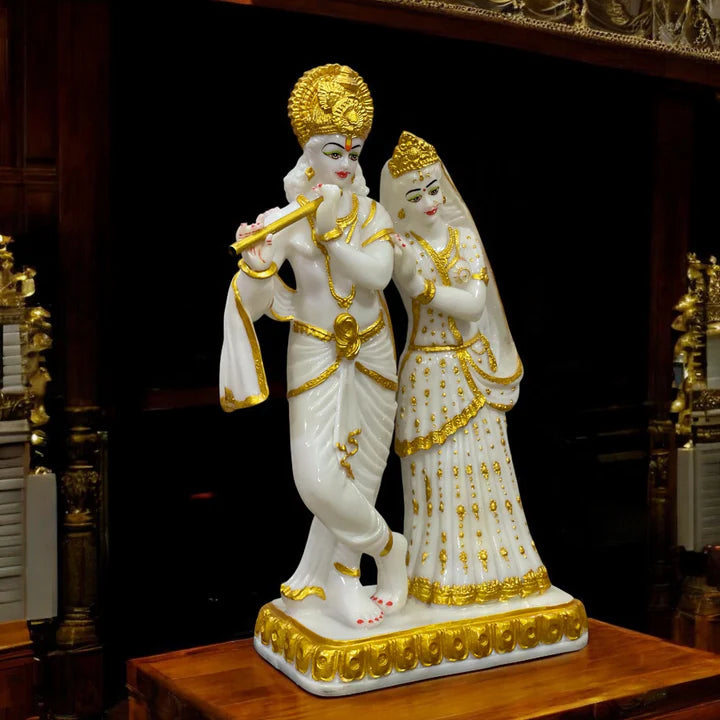 Elegant Radha Krishna Idol in White & Golden Finish – Symbol of Love, Harmony & Positivity
