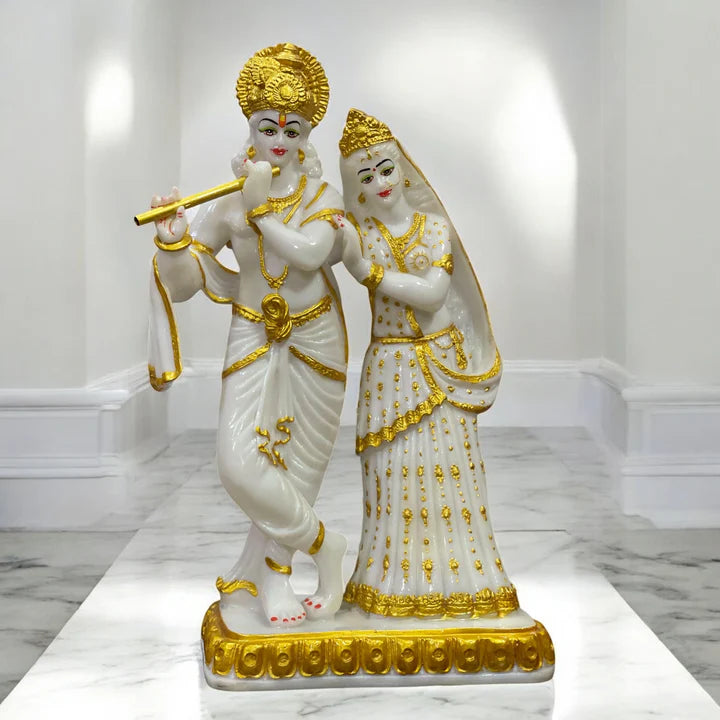 Elegant Radha Krishna Idol in White & Golden Finish – Symbol of Love, Harmony & Positivity